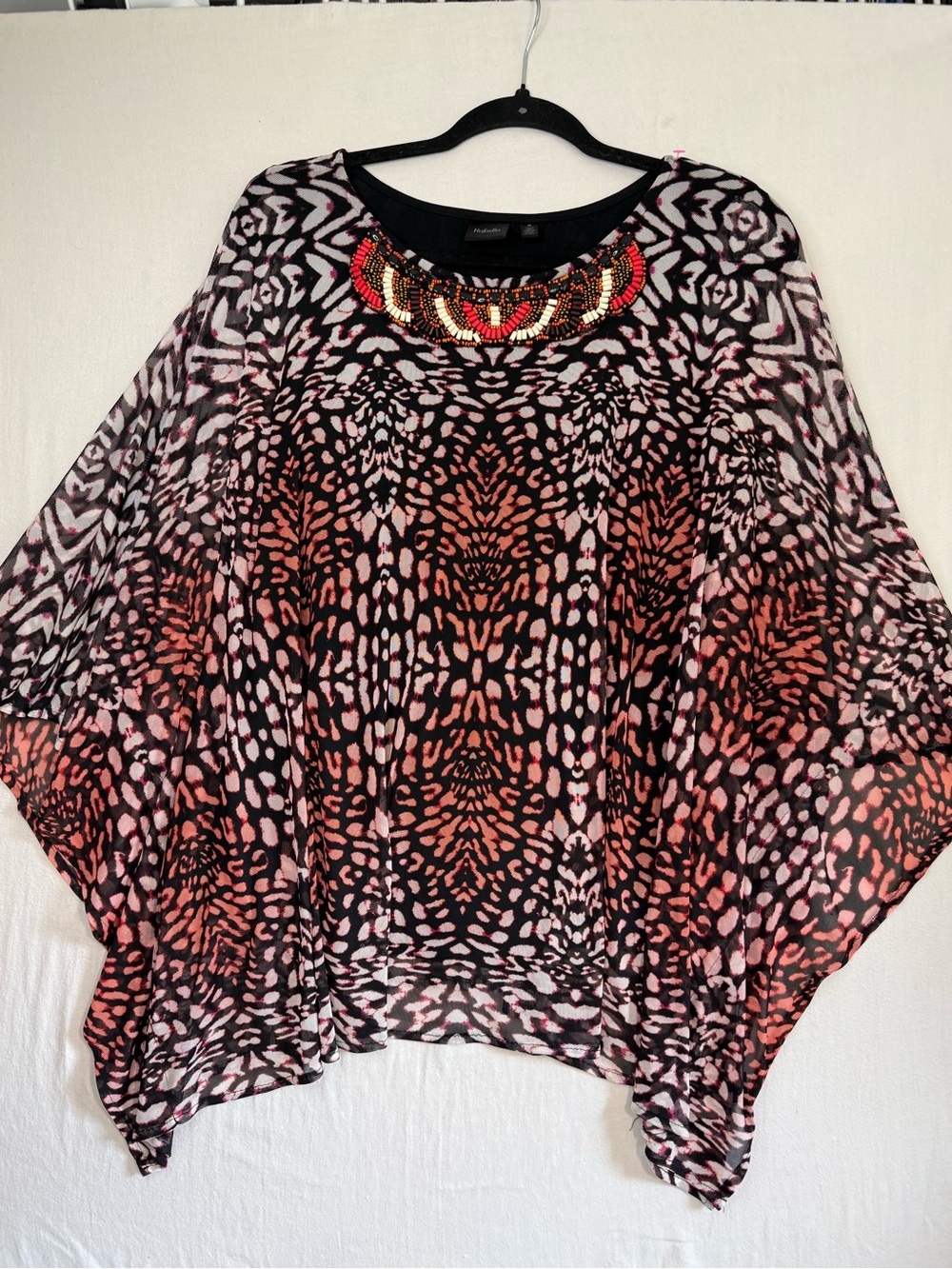 Rafaella Coral, Black & Cream Beaded-Neck Poncho Animal Print Top Size M